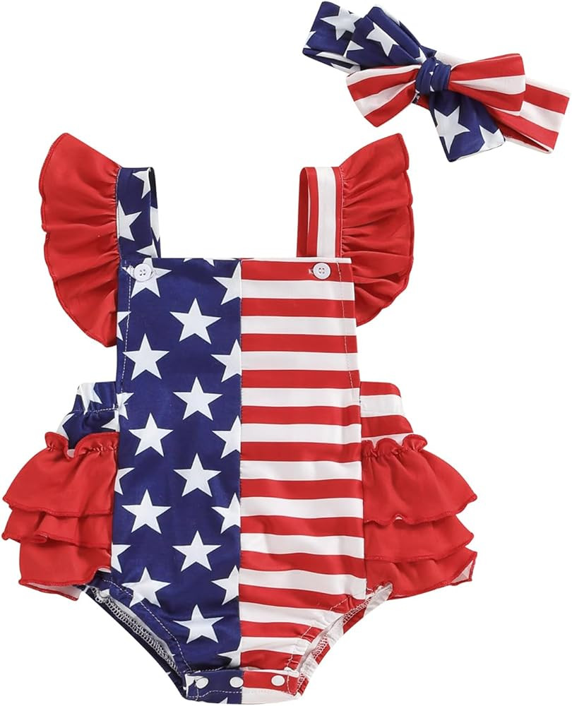 4th of July Baby Girl Outfits Newborn Ruffle Romper Infant Fourth of July Outfit Toddler American... | Amazon (US)