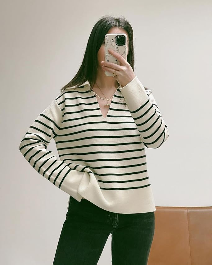 FaroDor Womens Collared Knitted Striped Pullover Sweater Lightweight Long Sleeve V Neck Polo Jump... | Amazon (US)