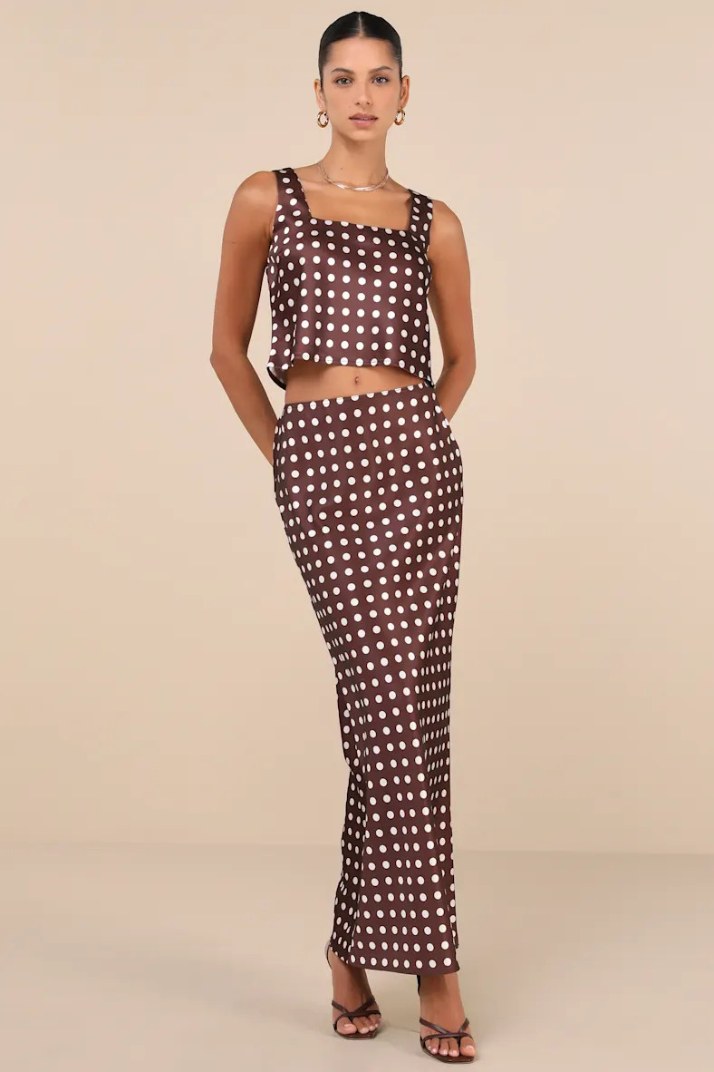 Classically Charismatic Brown Polka Dot Satin Cropped Tank Top | Lulus