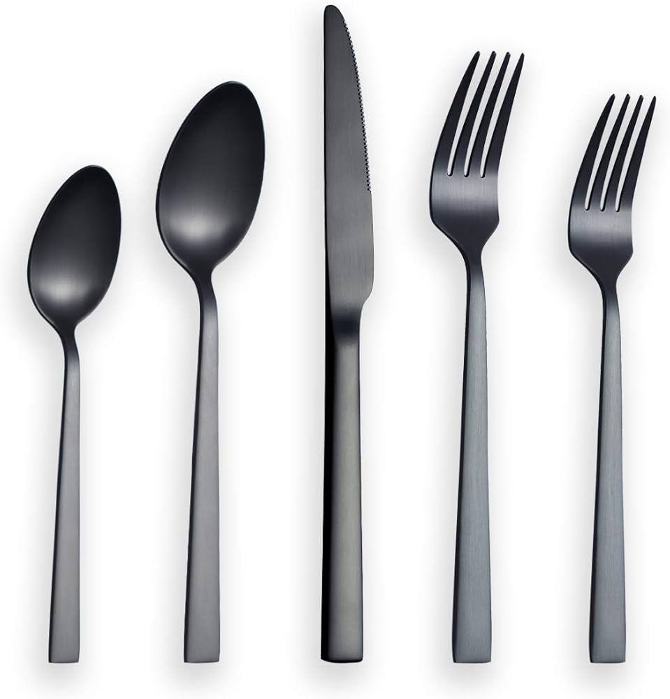 Brushed Black Silverware Set, Berglander Satin Black Flatware Set, Stainless Steel Heavy Duty Rus... | Amazon (US)