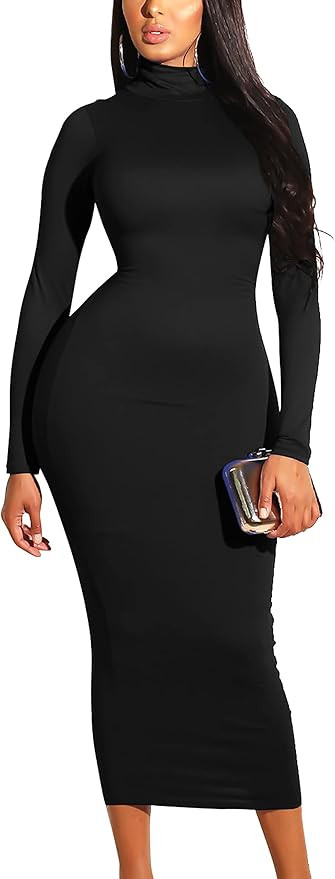 GOBLES Women's Elegant High Neck Long Sleeve Bodycon Midi Party Long Dress | Amazon (US)