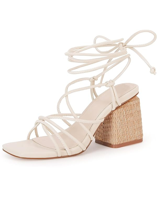 PiePieBuy Women's Lace Up Chunky Braided Heel Sandals Square Toe Strappy Ankle Strap Heels | Amazon (US)