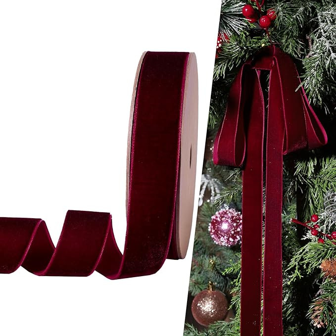 LaRibbons Burgundy Velvet Ribbon 1 Inch x 25 Yards Thin Velvet Ribbon for Christmas Tree, Gift Wr... | Amazon (US)