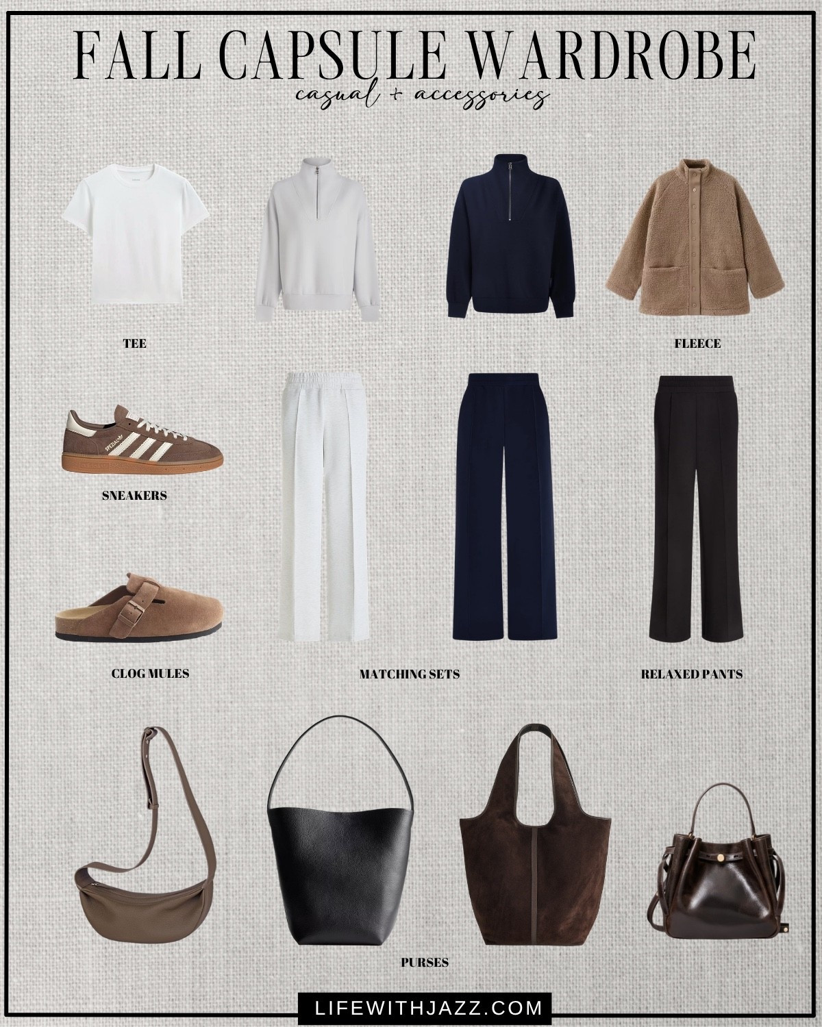 fall capsule wardrobe -- casual & accessories 

fall style / fall outfits / aritzia / banana republic / jcrew / mango / varley / quince / wide leg jeans / straight leg jeans / ankle jeans / ballet flats / suede loafers / kitten heel booties / everyday leather boots / waterproof boots / matching sets / sherpa jacket / fleece jacket / adidas spezial sneakers / clog mules / bucket tote / suede tote / tory burch romy / fc26

#LTKSeasonal