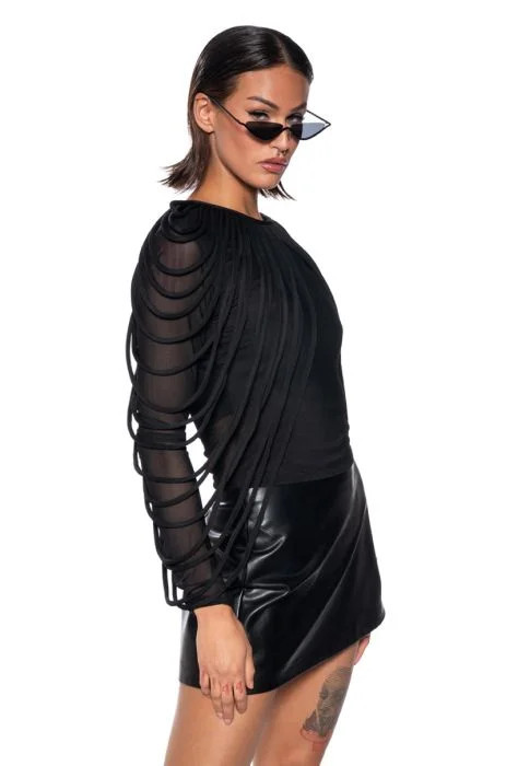 WAVY BABY LONG SLEEVE STRING DETAIL MESH TOP IN BLACK | AKIRA