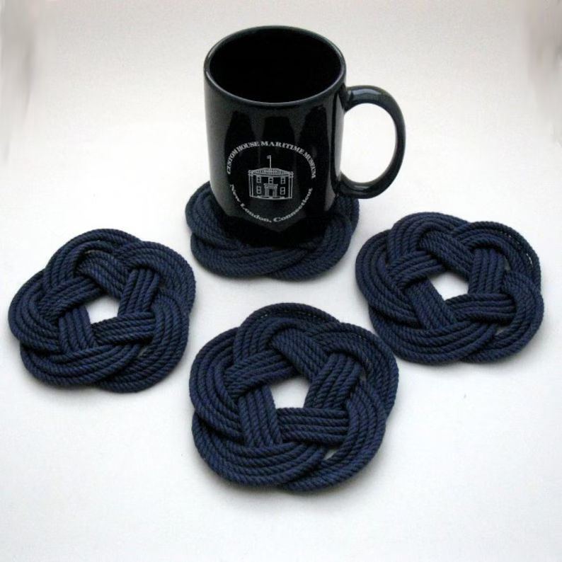Navy Nautical Coasters  Navy Blue Woven Turk's Head Coasters Set of 4 knot coasters 100% cotton | Etsy (US)