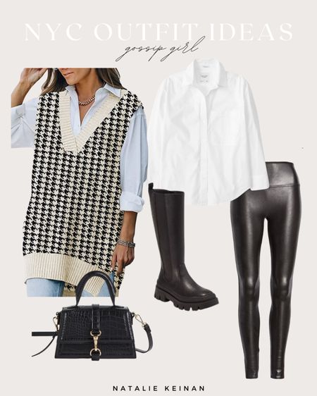 NYC outfit ideas! Gossip girl.houndstooth vest. White button down. Faux leather leggings. Black bag. Tall black target boots. Winter style. 

#LTKHoliday #LTKstyletip #LTKSeasonal