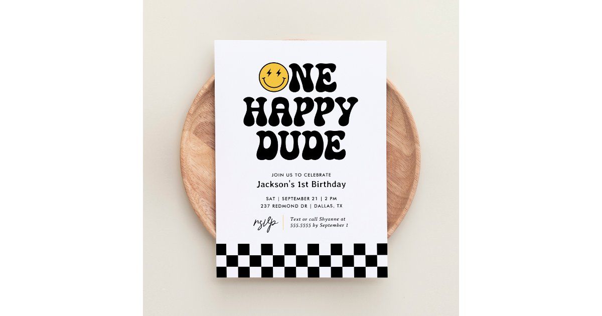 One Happy Dude Checker Happy Face 1st Birthday Invitation | Zazzle | Zazzle