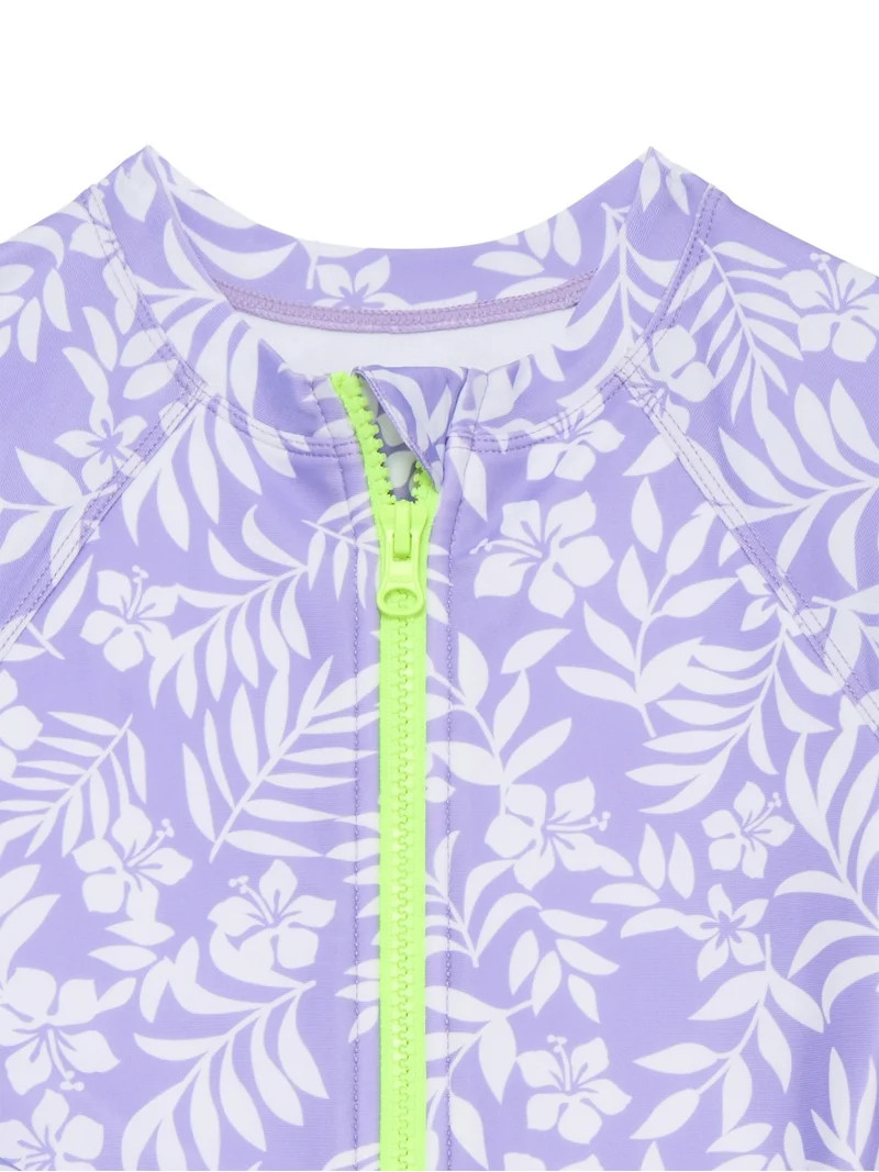 Wonder Nation Girls Zip Up Rash Guard One Piece Swimsuit with Long Sleeves, Sizes 4-16 | Walmart (US)