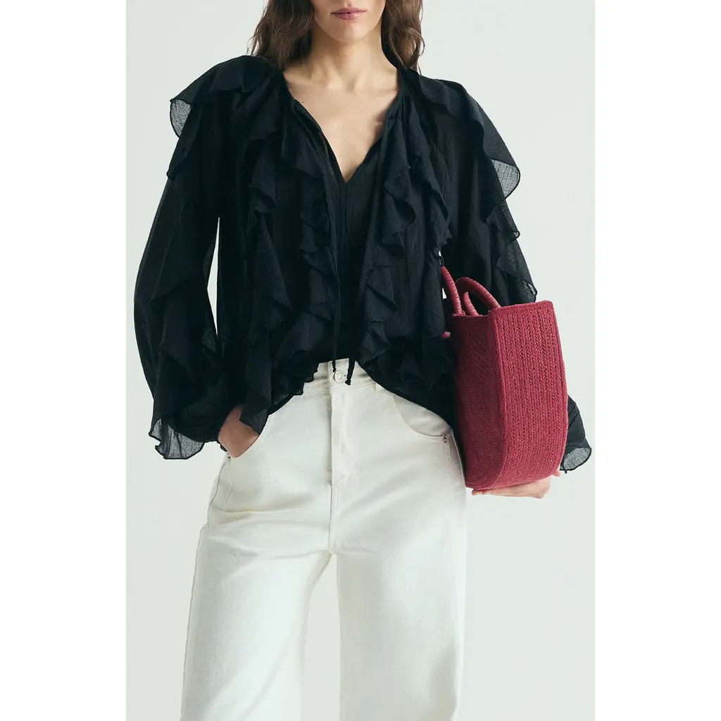 Scalpers Ruffled Cotton Blouse in Black at Nordstrom, Size X-Large | Nordstrom