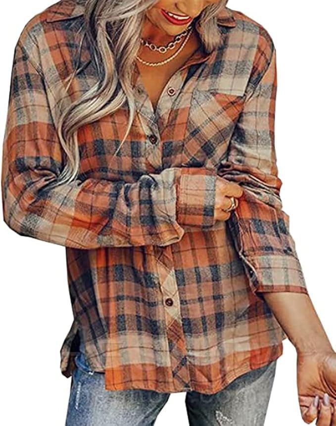 Pumpkin Spice Dreamer Plaid Top Women's Casual V Neck Color Block Long Sleeve Button Down | Amazon (US)