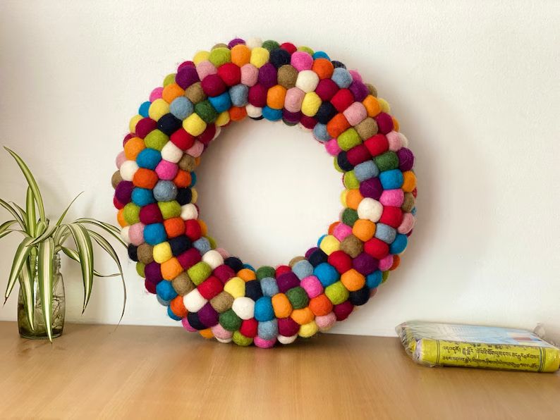 35cm Wool Felt Ball Wreath With Hand Felted Multicolor Pom Pom Balls For Christmas Door Decoratio... | Etsy (US)
