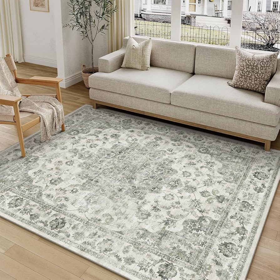 5x7 Washable Neutral Area Rug Green Vintage Living Room Bedroom Carpet Non-Slip Soft Low Pile Flo... | Amazon (US)