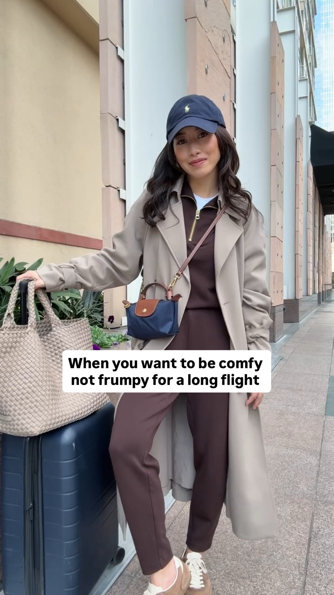 Airport OOTD
• Varley slim pant xxs 25" inseam, love these as well as the joggers linked. I wash these in cold inside out, air dry and have not had pilling after a year of wear 

• Varley sweatshirt xxs 

• Oak + Fort trench coat xxs (use code JEANTRENCH for 15% off) - Very loose fit and long, hits past midi length on me (5ft) but I wear this all the time. The material has a good weight and drapes well, and the style is effortless.

• Aritzia HomeStretch ribbed long sleeve tee I size up to XS great staple 

• Longchamp mini bag , with Amazon detachable strap kit 

• Polo hat

• old Zara sneakers

• Naghedi medium tote in cashmere

• Away the bigger flex carry-on suitcase, lightweight, roomy size and durable. I travel a lot with this.

Comfy travel outfit, mom ootd , lounge sweats matching set, petite friendly

#ltkootd #ltktravel #ltkpetite