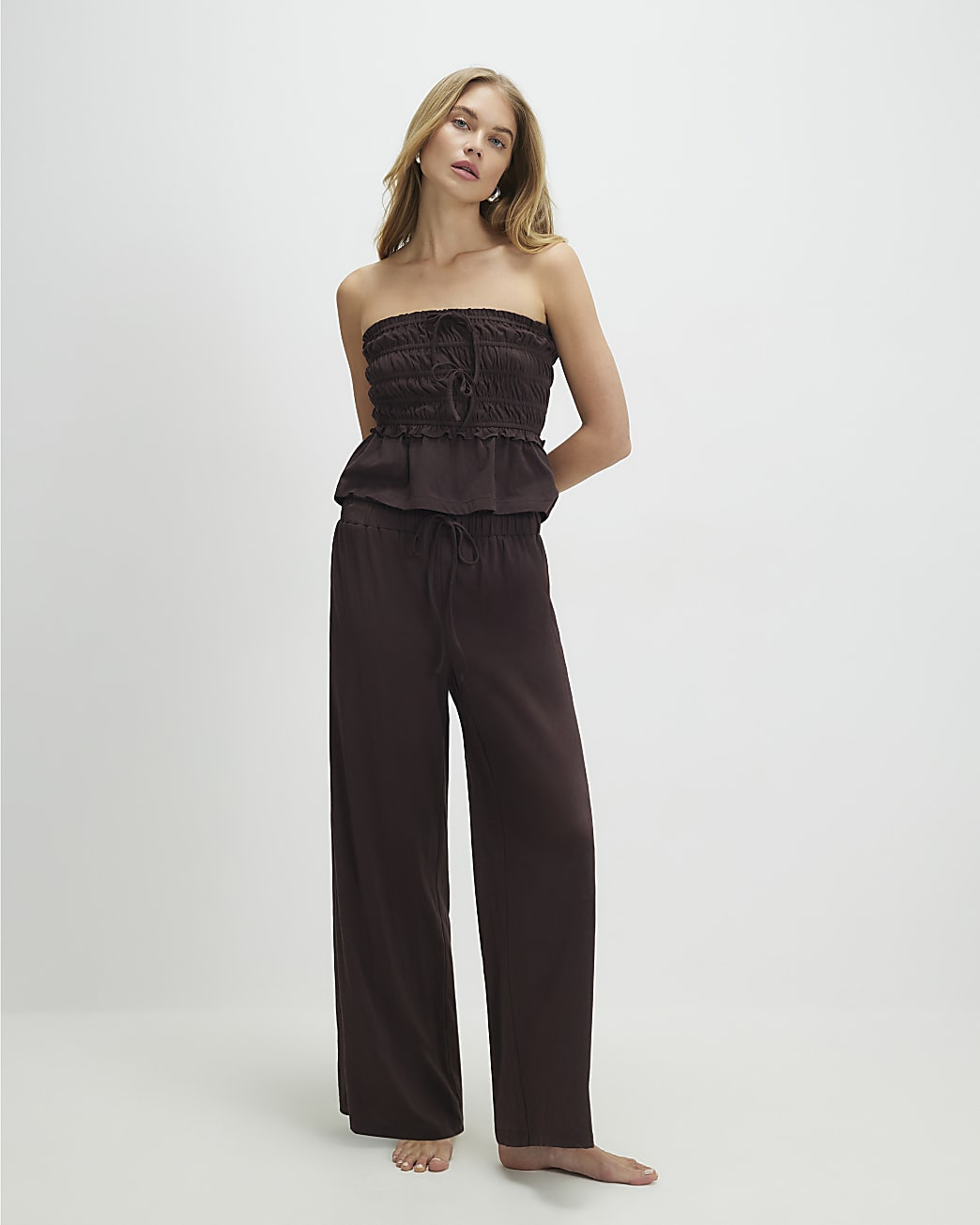 Brown Ruched Bandeau Lounge Set | River Island UK & IE