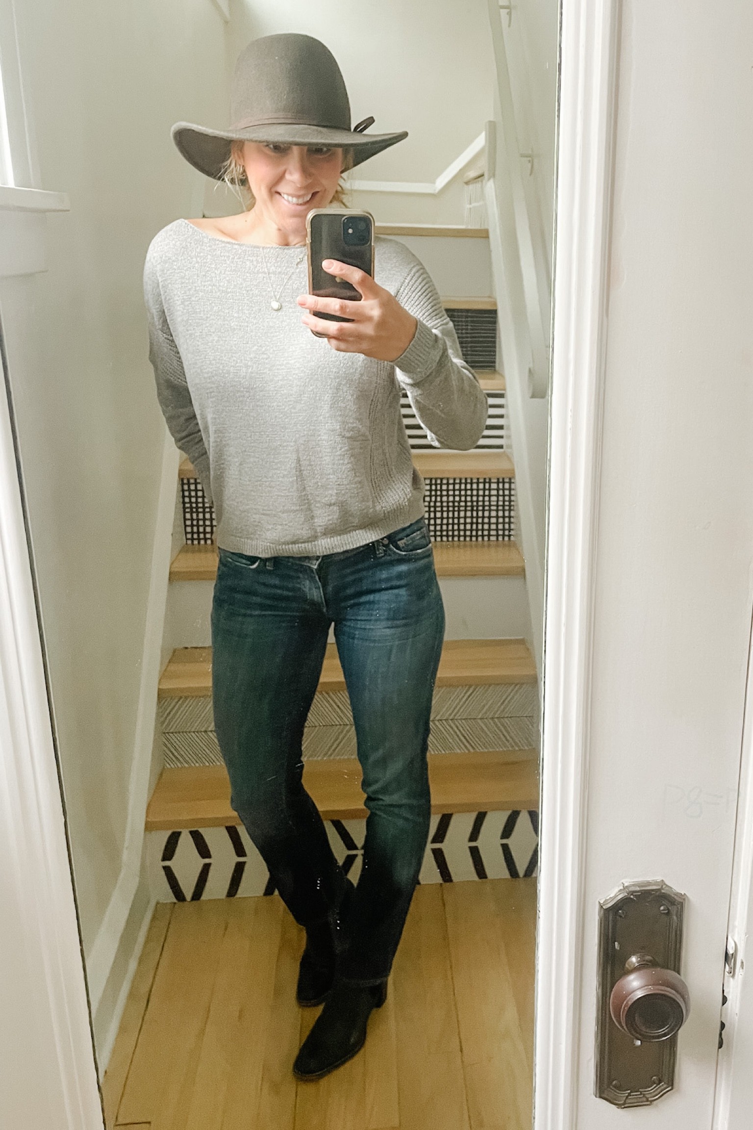 I added a hat so I didn’t have to do oh hair, but I’m loving this lightweight off the shoulder gray sweater with straight leg jeans and black ankle booties. 

#LTKsalealert #LTKstyletip #LTKSeasonal
