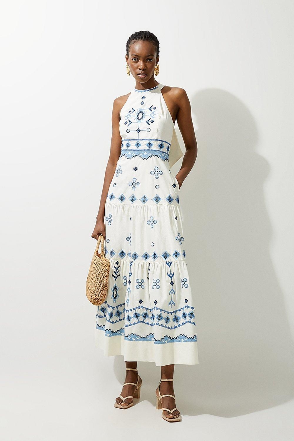 Petite Cotton Embroidered Woven Halter Maxi Dress | Karen Millen US