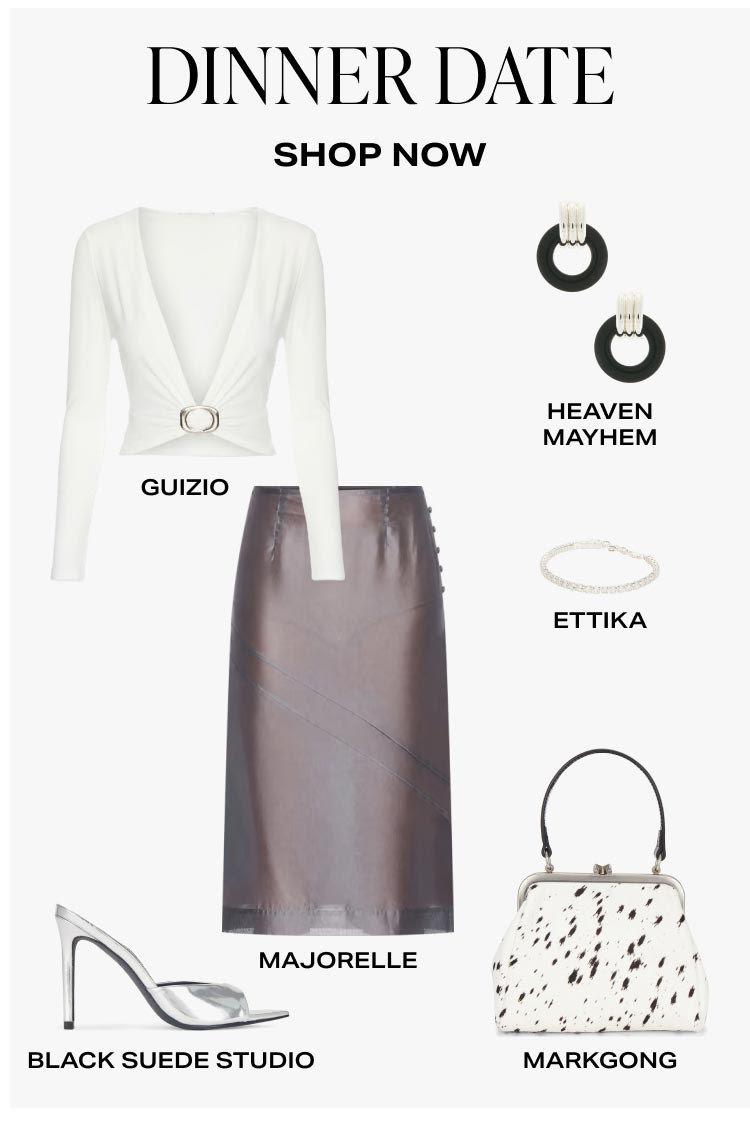 Date night, but make it timeless. ✨ This elevated look pairs a sculptural white top with a sleek leather midi skirt, metallic heels, statement earrings, and a chic top-handle bag for an outfit that's sophisticated, modern, and effortlessly polished.

Featuring Guizio, Majorelle, Heaven Mayhem, Ettika, Markgong, and Black Suede Studio from Revolve. Shop the complete dinner date outfit in my LTK.

#LTKStyleTip #LTKDateNight #LTKSeasonal #Revolve #DateNightOutfit #DinnerDate #LeatherSkirt #ElegantStyle #MinimalLuxury #QuietLuxury #Guizio #Majorelle #HeavenMayhem #Ettika #Markgong #BlackSuedeStudio #LuxuryFashion #EveningStyle #ClassicStyle #CapsuleWardrobe #DesignerStyle #FashionInspo #ChicStyle #FallFashion #EffortlessStyle 

 #LTKootd #LTKSaleAlert #LTKWorkwear