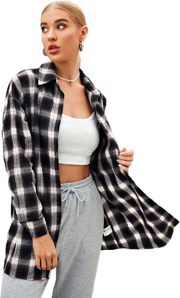 SweatyRocks Women's Long Sleeve Collar Long Button Down Plaid Shirt Blouse Tops | Amazon (US)