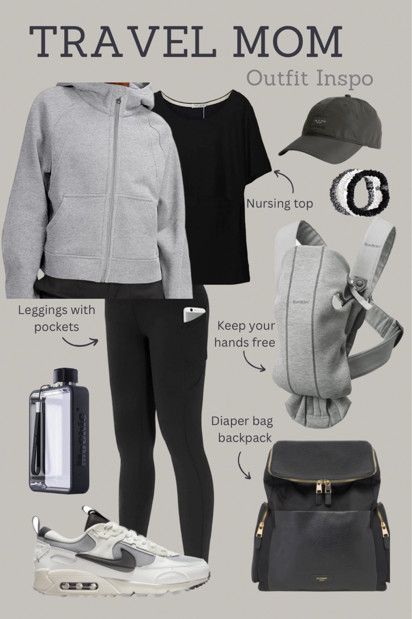 Perfect travel outfit for mom! Keep your hands free by baby wearing and make sure you have extra pockets for your phone & other belongings. 

Travel outfit Inspo, activewear, vacation travel outfit, comfy outfit, outfit of the day Inspo, relaxed style, baby carrier, diaper bag backpack, travel water bottle, women’s sneakers, women’s nikes, lululemon dupe, nursing tops

#LTKtravel #LTKbaby #LTKstyletip