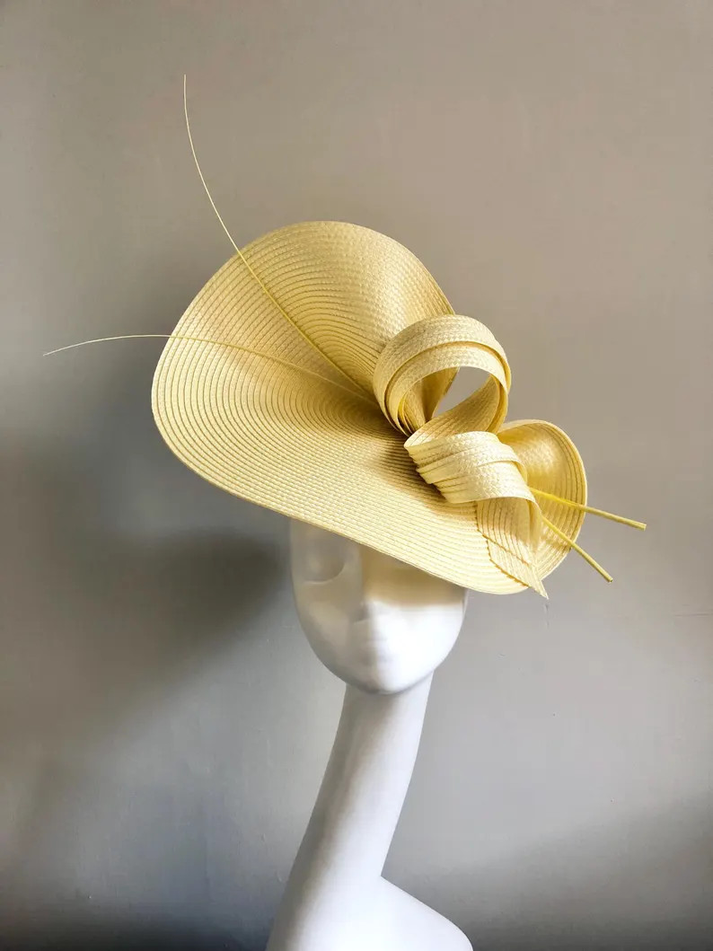 Lemon Yellow Hat Fascinator With Swirls and Quills Mother of Bride Groom Royal Ascot Races Kentuc... | Etsy (Global)