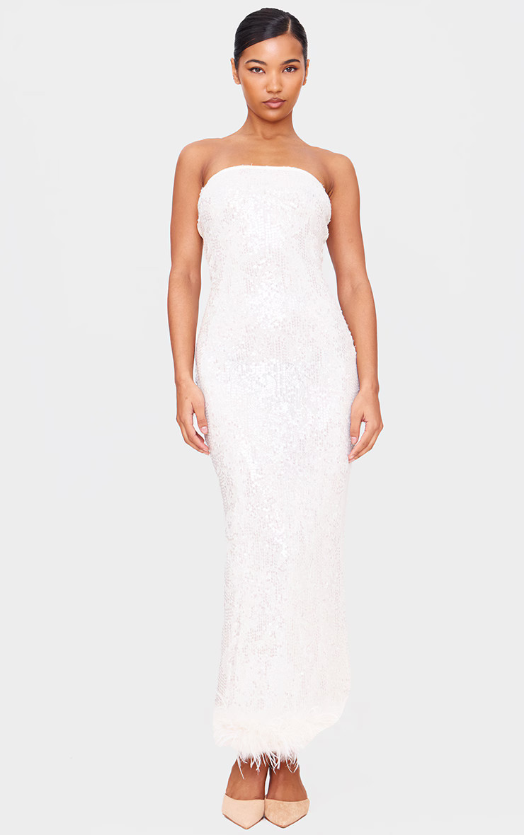 White Sequin Faux Feather Maxi Dress | PrettyLittleThing US