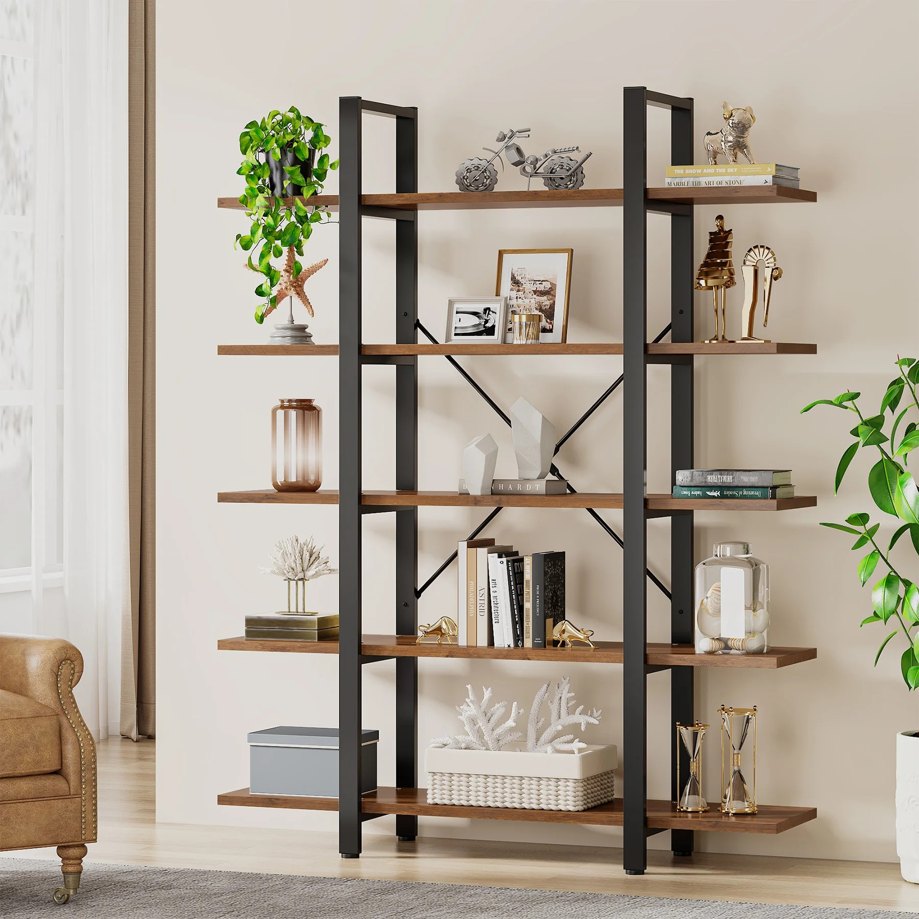 Tribesigns 5-Tier Bookshelf, Industrial 72 inch Bookcase, Vintage Brown | Walmart (US)