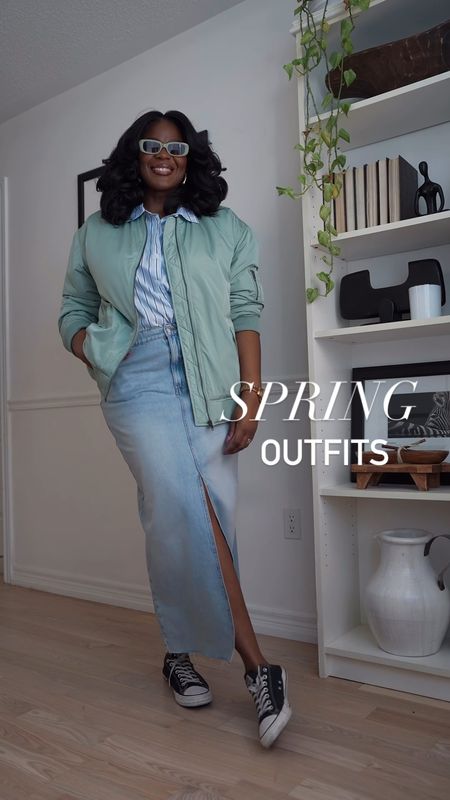 Plus size spring outfit idea featuring  a bomber jacket , maxi denim skirt, relaxed button up shirtt

#LTKplussize #LTKSeasonal #LTKSpringSale