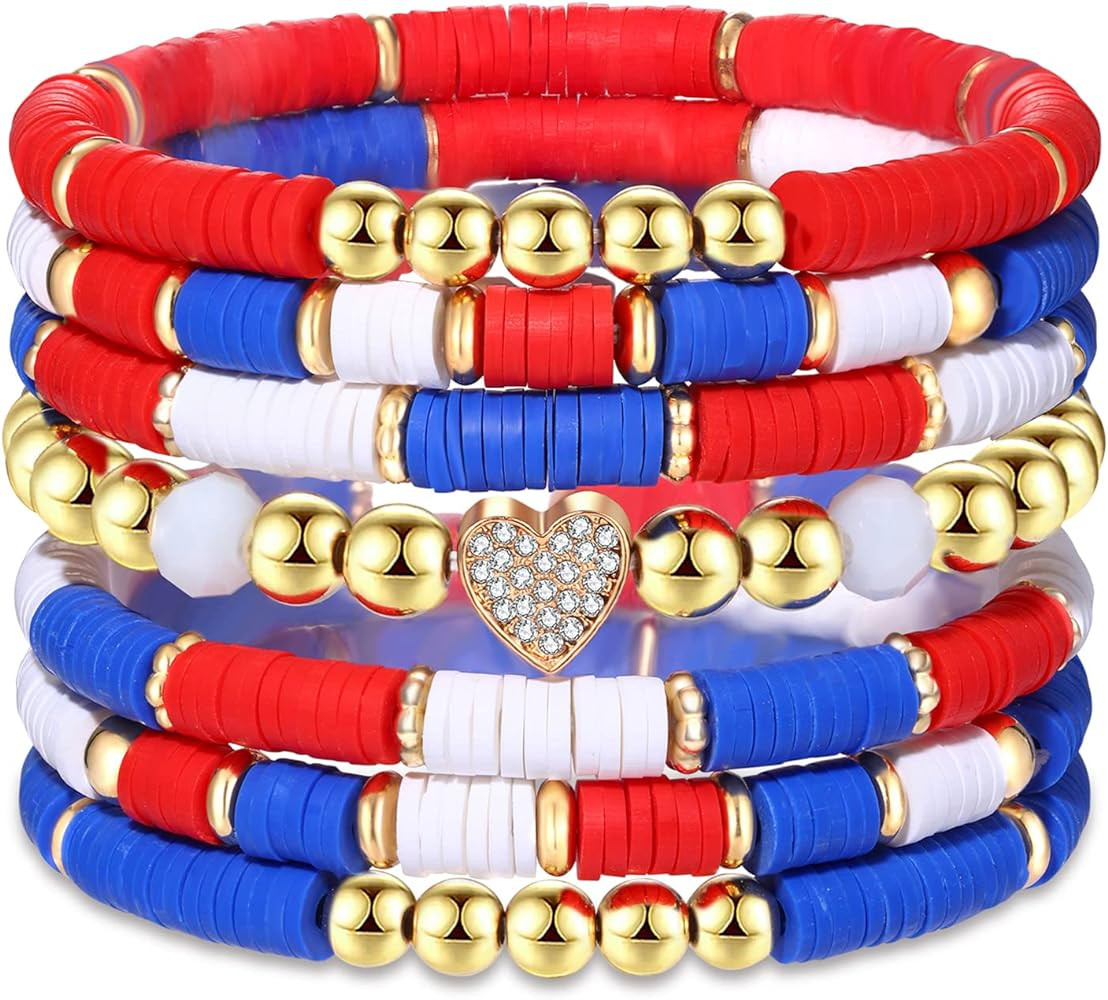 FAERLIIRY 4th of July Bracelets Red White Blue Bracelets American Flag USA Clay Beaded Bracelet H... | Amazon (US)