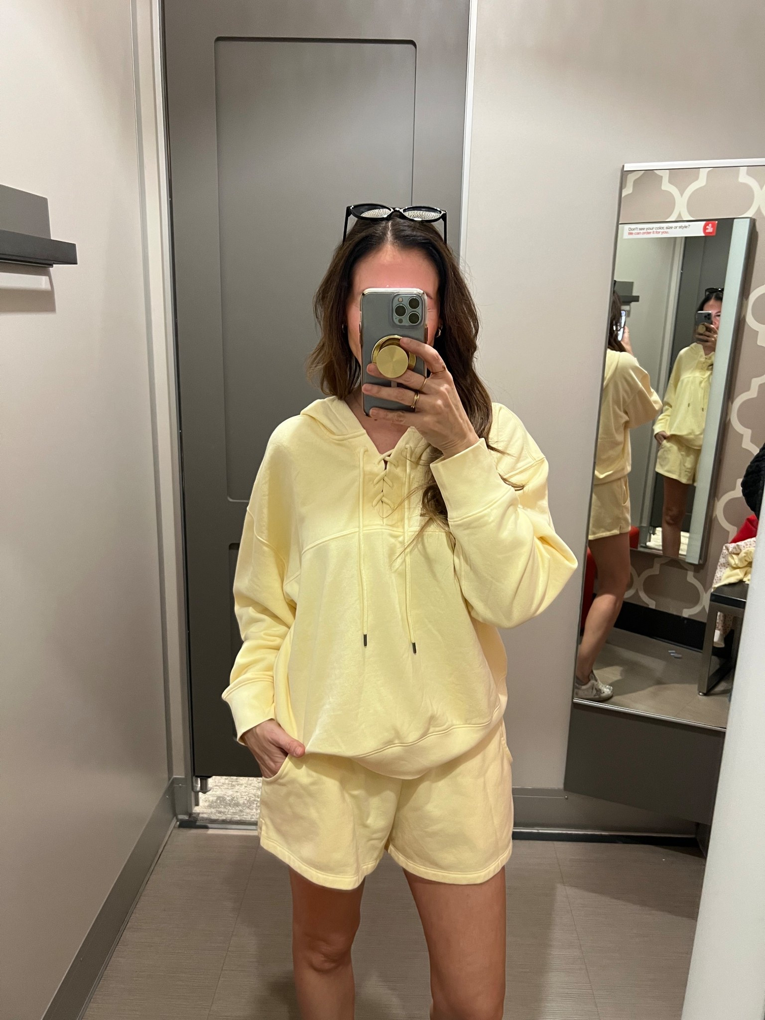 Butter yellow lace up sweatshirt and shorts

#LTKootd #LTKOver40 #LTKgrwm