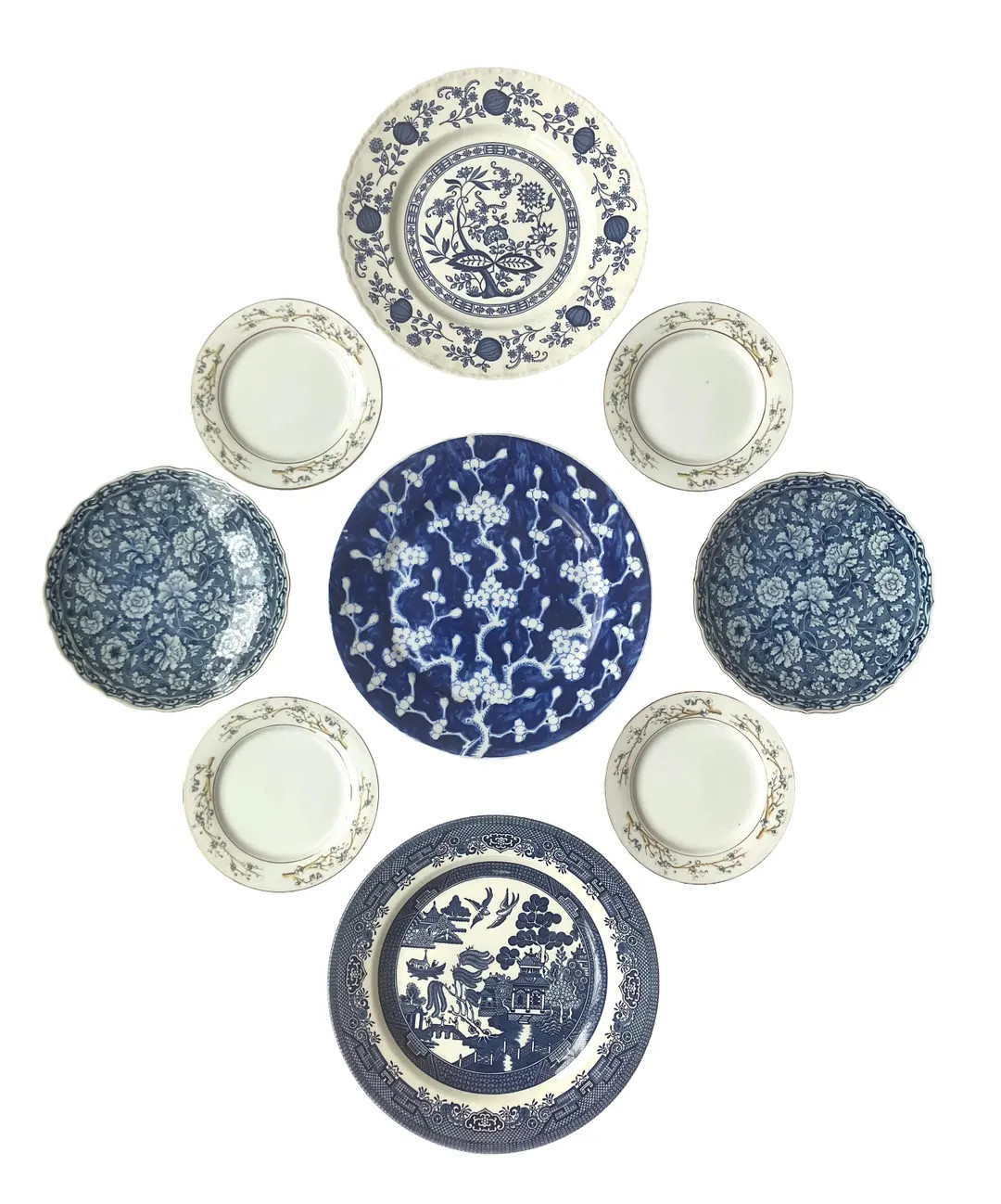 Vintage Blue Transferware Plate Wall Set, 9 Piece Chinoiserie Gallery Plate Collection | Etsy (US)