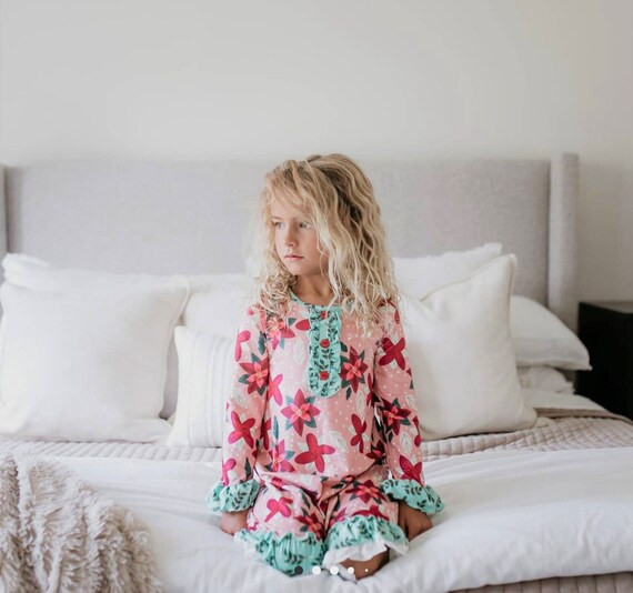 Girls Poinsettia Holiday Christmas Ruffle Lounge Gown Pajamas - Etsy | Etsy (US)