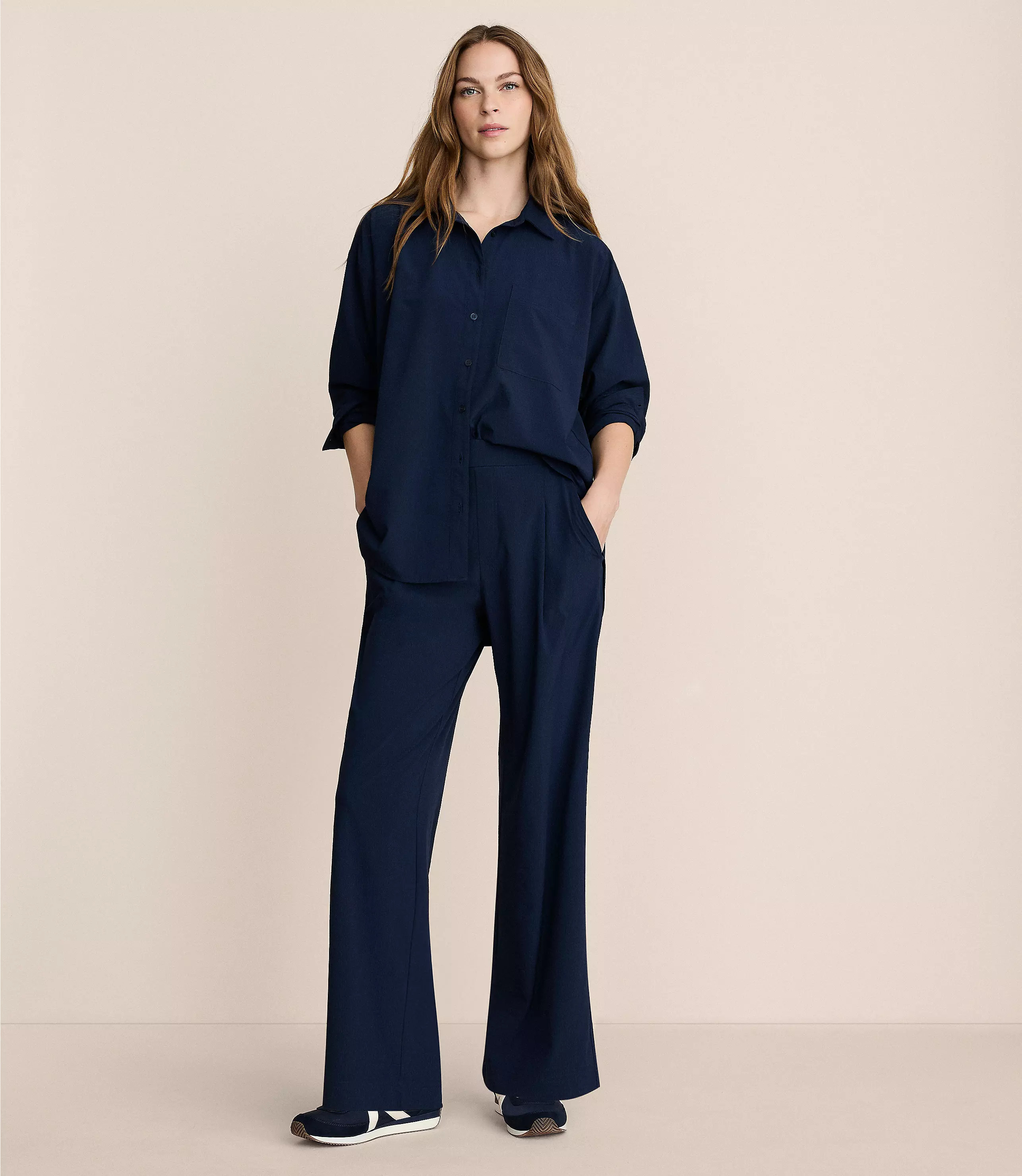 Petite Lou & Grey Seersucker Wanderweave Wide Leg Trouser Pants | LOFT