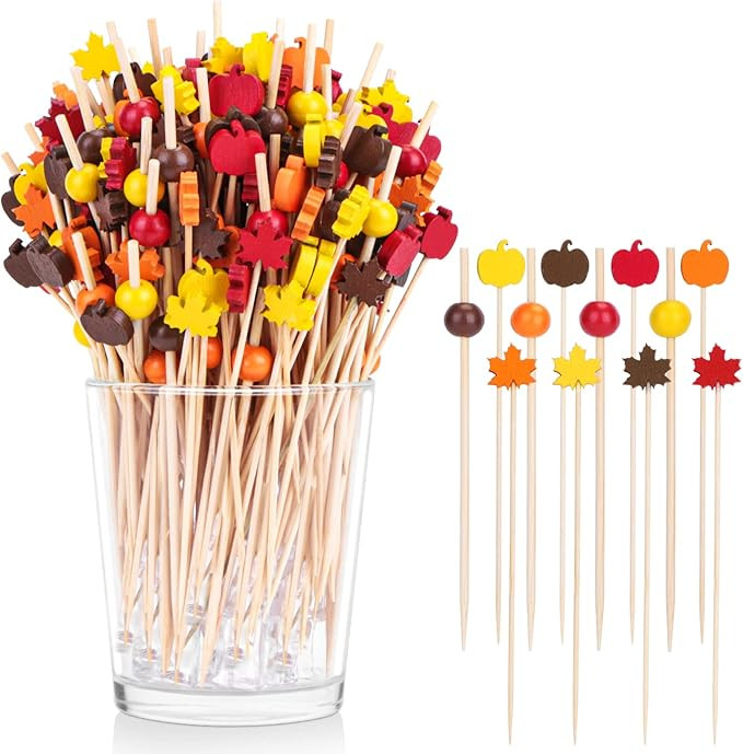 Amazon.com | 300 Counts Fall Cocktail Picks Pumpkin Maple Leaf Bamboo Food Picks Thanksgiving Par... | Amazon (US)