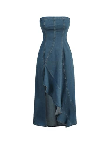 MakeMeChic Women's Denim Dress High Split Tube Sleeveless Ruffle Trim Midi A Line Dress | Amazon (US)
