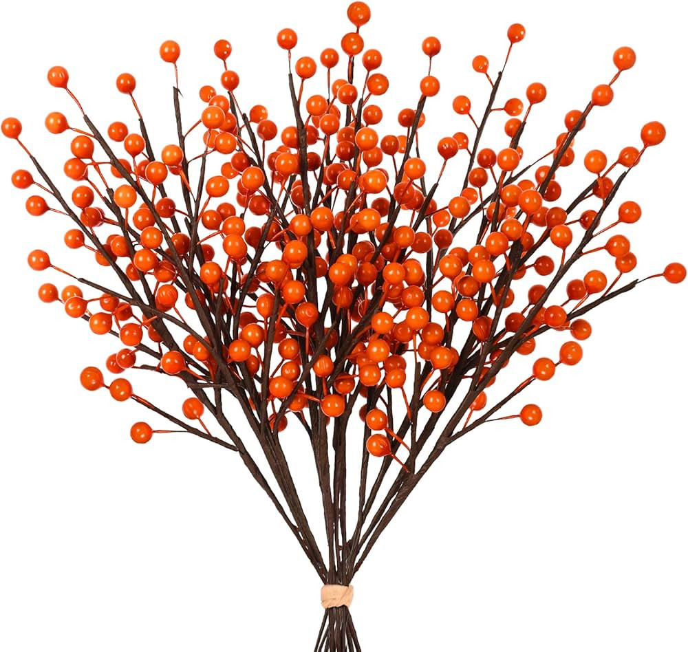 Whaline 12 Pack Fall Berry Stems Autumn Artificial Orange Glossy Berry Twigs Faux Xmas Berry Pick... | Amazon (US)