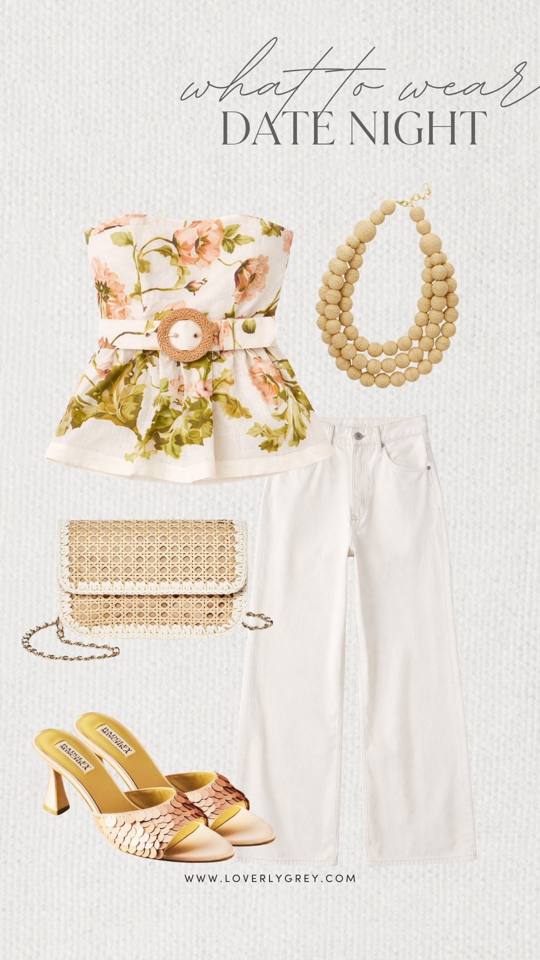 Loverly Grey, what to wear for date night! A floral strapless top paired with white jeans and a beaded statement necklace! Complete the look with a cute crossbody bag and Anthropologie pink heels! Loverly Grey, what to wear, date night

#LTKdayinmylife #LTKgrwm #LTKootd