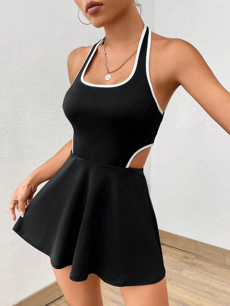 SHEIN EZwear Contrast Binding Cut Out Backless Halter Neck Dress | SHEIN