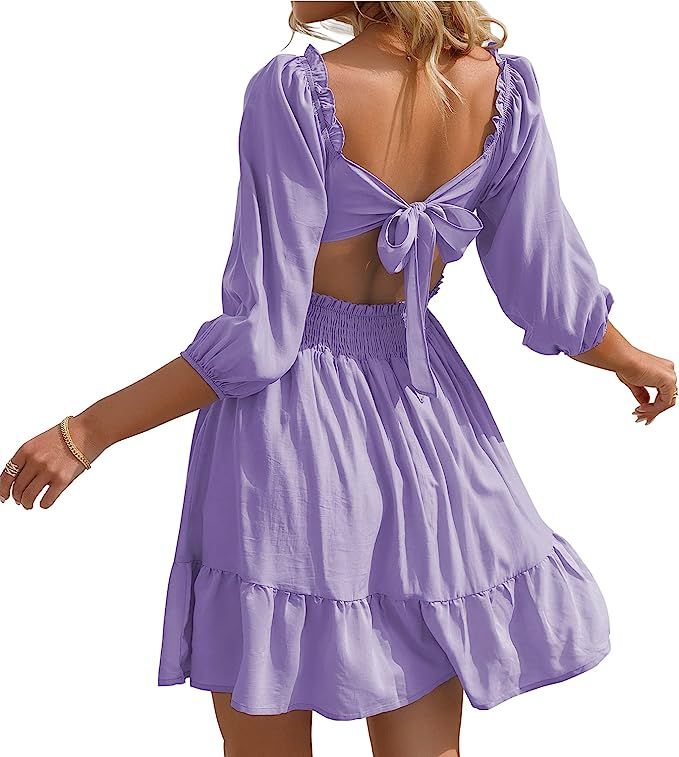Phortric Womens Tie Back Ruffle Dress Lantern Sleeve Off Shoulder Elastic Waist A-Line Mini Dress... | Amazon (US)