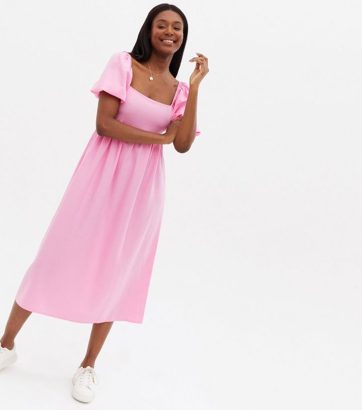 Mid Pink Linen-Look Puff Sleeve Midi Dress
						
						Add to Saved Items
						Remove from Save... | New Look (UK)