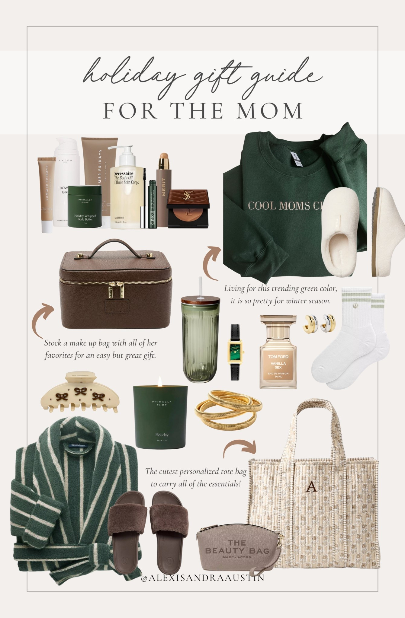 Holiday gift guide for the mom! Loving these classic finds for the mom in your life - obsessing with these rich green tones as well.

Holiday gift guide, gifts for the mom, self care gifts, elevated skin care, cozy sweater, glass tumbler, cozy socks, tote bag, gold jewelry, neutral hair clip, cozy candle, elevated perfume, makeup bag, Lululemon, Sephora, Etsy, Bombas, Primally Pure, Mark and Graham, shop the look!#LTKStyleTip

#LTKGiftGuide #LTKHoliday