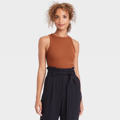 Women's Ribbed Crewneck Tank Bodysuit - A New Day™ Brown M | Target