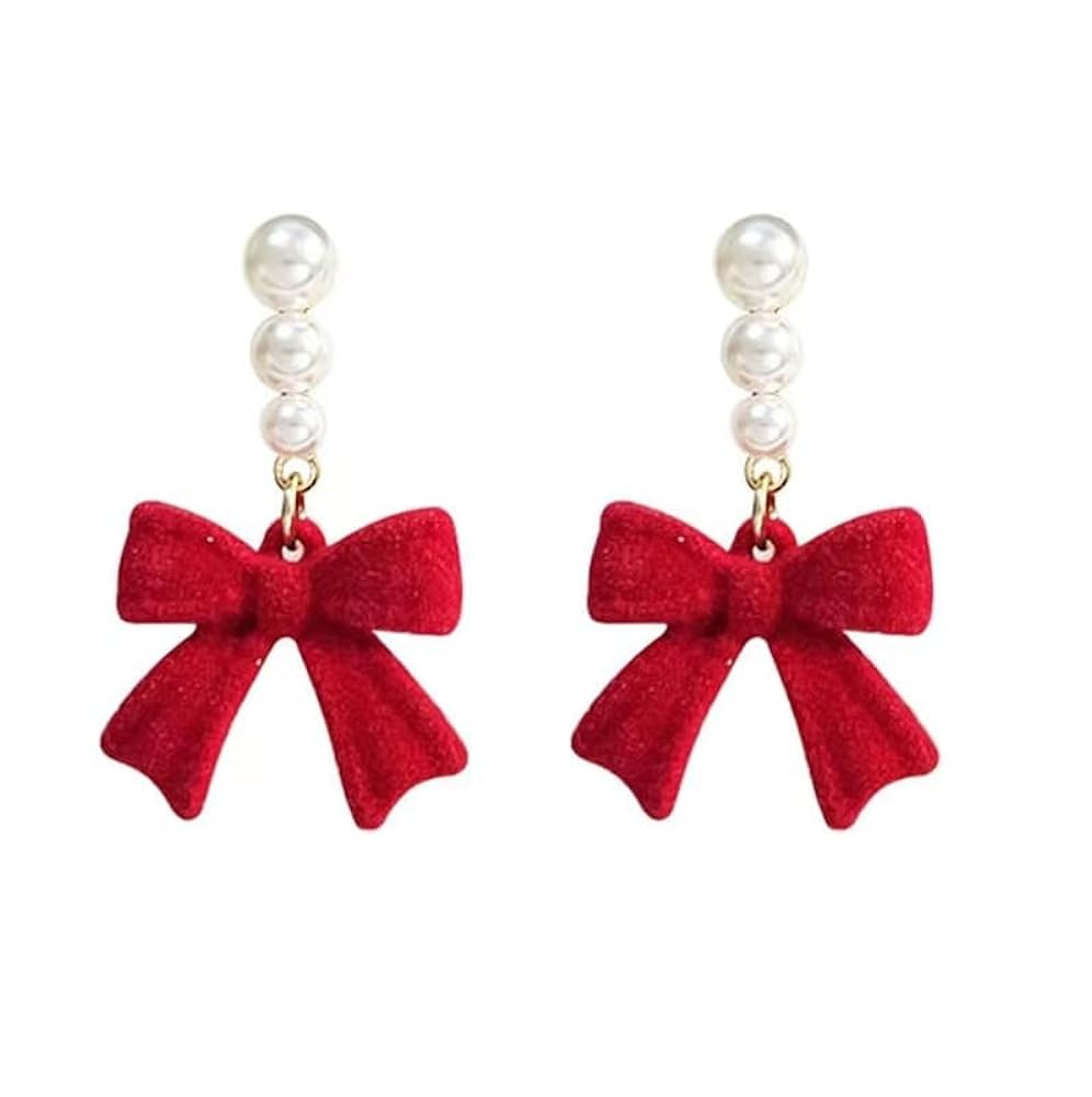 Bow Earrings for Women Red Ball Bow Earrings Pearl Bow Drop Earrings Anniversary Chrsitmas Valent... | Amazon (US)