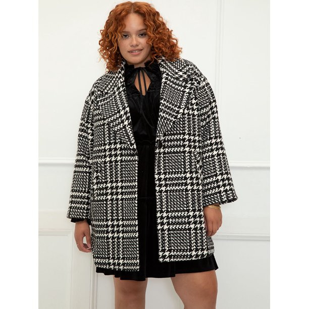 ELOQUII Elements Women's Plus Size Houndstooth Coat - Walmart.com | Walmart (US)