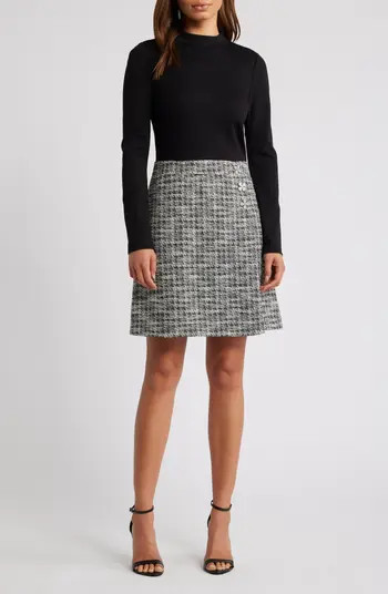 Mock Neck Long Sleeve Mixed Media Dress | Nordstrom