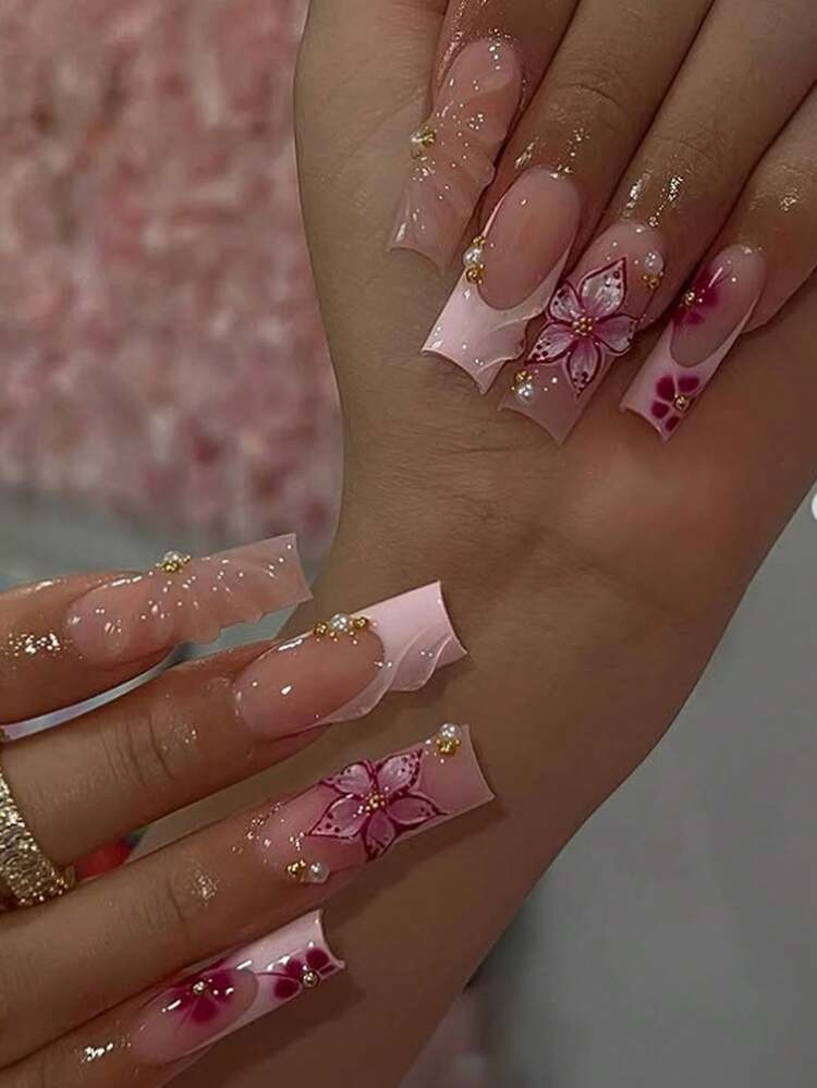 24pcs/Set Y2K French Medium Length Nail Tips, Sweet 3D Pink Flower & Wavy Design With Golden Beads Accent, Press-On Artificial Nails, Suitable For Girls & Women For Daily, Outdoor, Party Occasions Nail Supplies | SHEIN