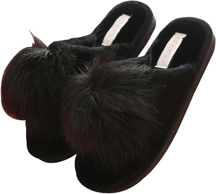 FreLO Women's Black Plush Pom-pom Fuzzy Slippers Cute Fluffy Slippers | Amazon (US)