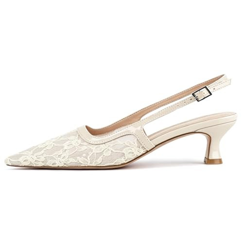 Women Mesh Slingback Pointed Toe Slingback Kitten Heels Low Heel,Beige,9.5 | Amazon (US)