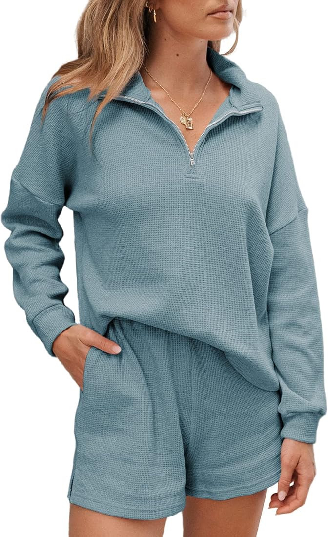 Aleumdr Women's 2 Piece Outfits Zipper Waffle Knit Lounge Sets Long Sleeve Shorts Outfits Pjs with P | Amazon (US)