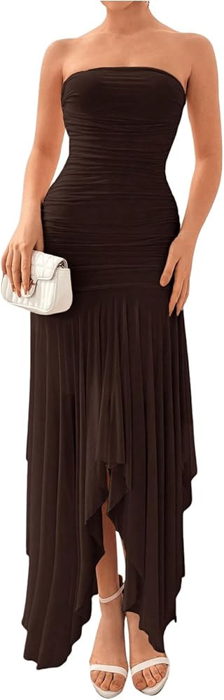 Floerns Women's Sleeveless Ruched Ruffle Asymmetrical Hem Mesh Evening Tube Dresses | Amazon (US)